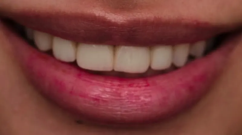 Before teeth whitening: the same smile with darker, more yellow teeth