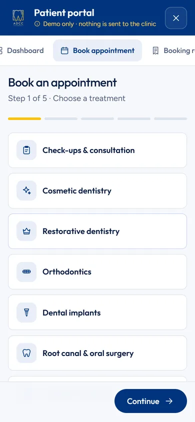 Screenshot of the patient portal booking step on a phone